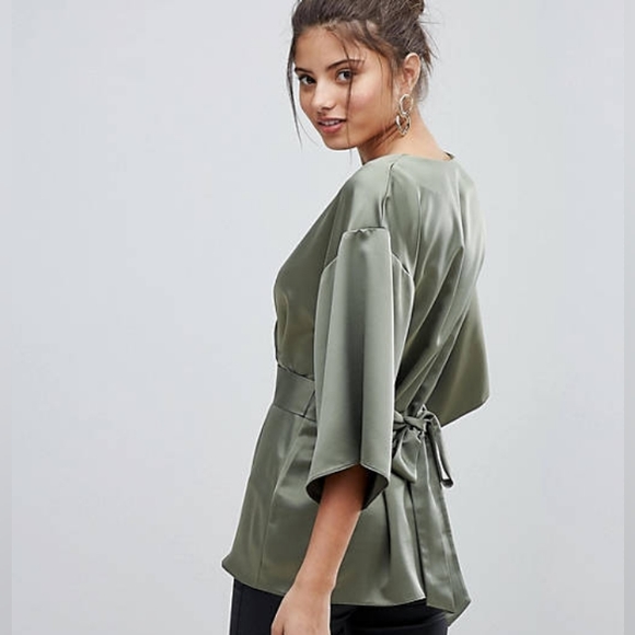 NWOT | Asos Design Women's Green Satin V-neck Wrap Tied Kimono Blouse | US 8 - Picture 2 of 10